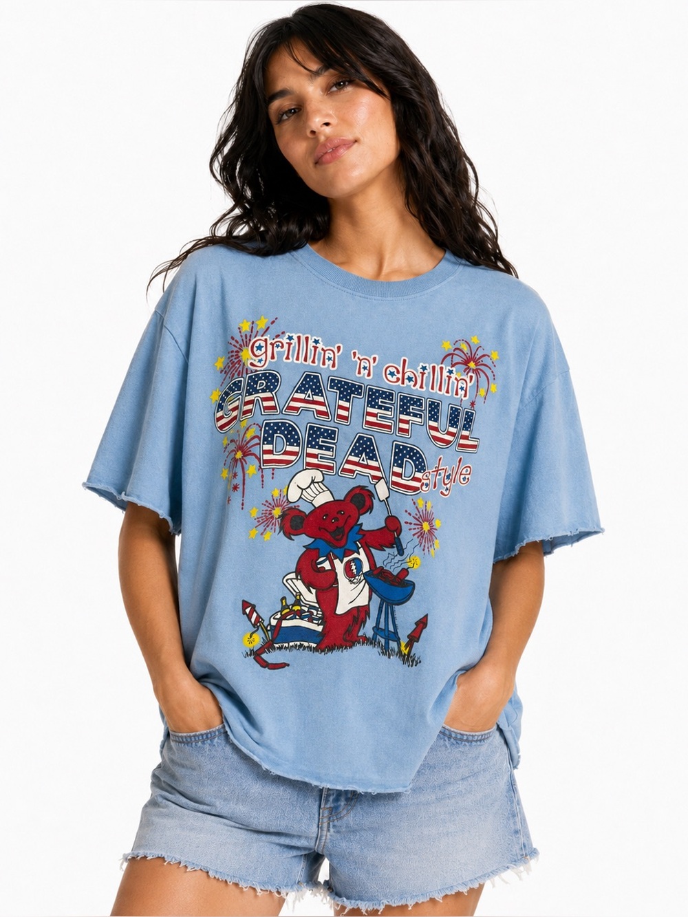 Liquid Blue Grateful Dead Grilling Chillin’ Graphic Tee Cut Off Blue